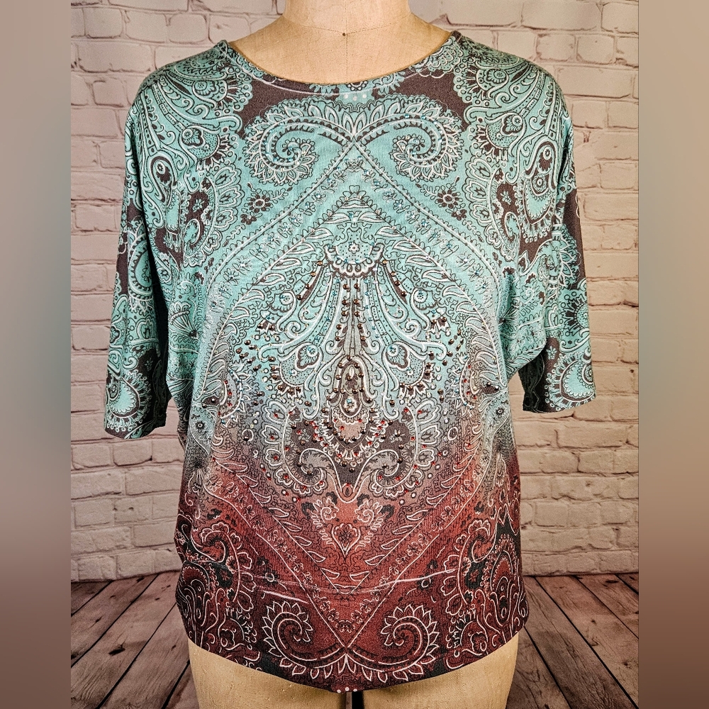 Dress Barn XL Boho Green & Red Paisley Dolman Sleeve Top